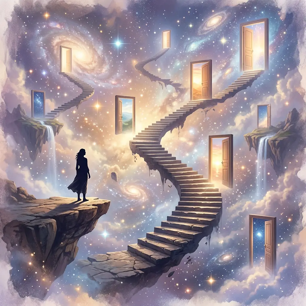 Surreal dreamscape with floating stairs and cosmic elements
