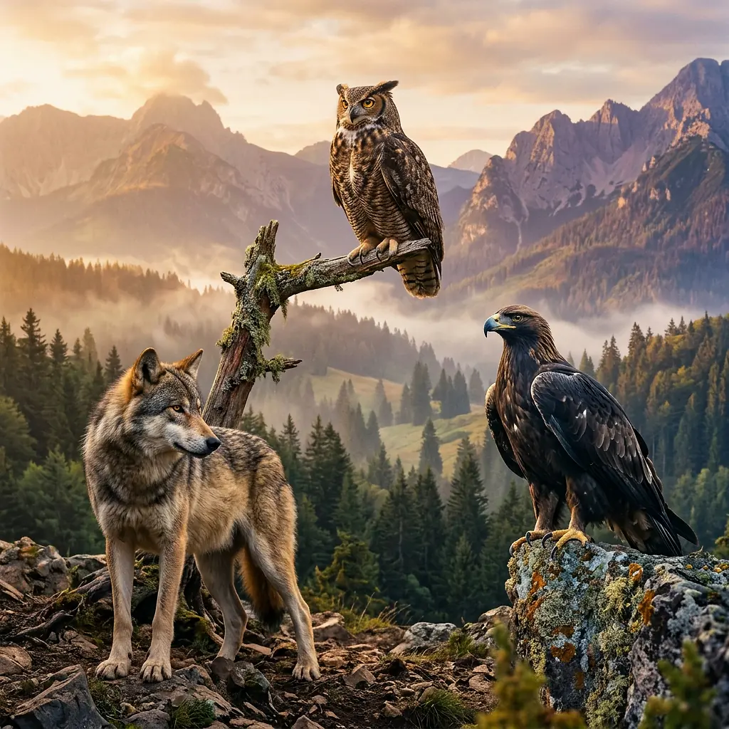 Wolf, eagle and owl in mystical composition