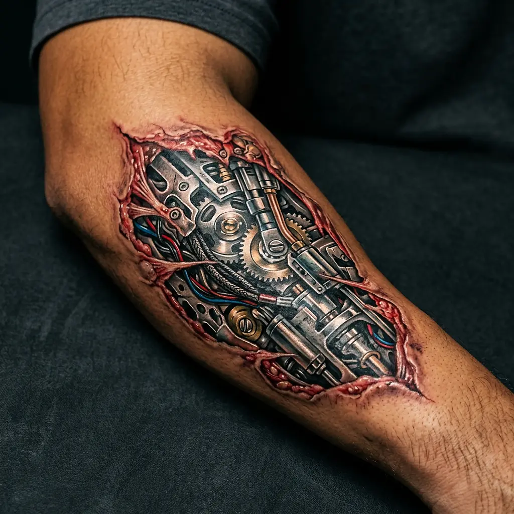 Realistic biomechanical tattoo with gears and pistons under torn skin on arm