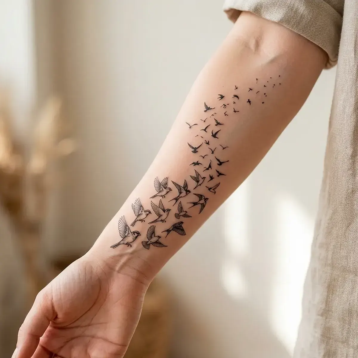 Flock of birds in flight tattoo ascending along inner forearm