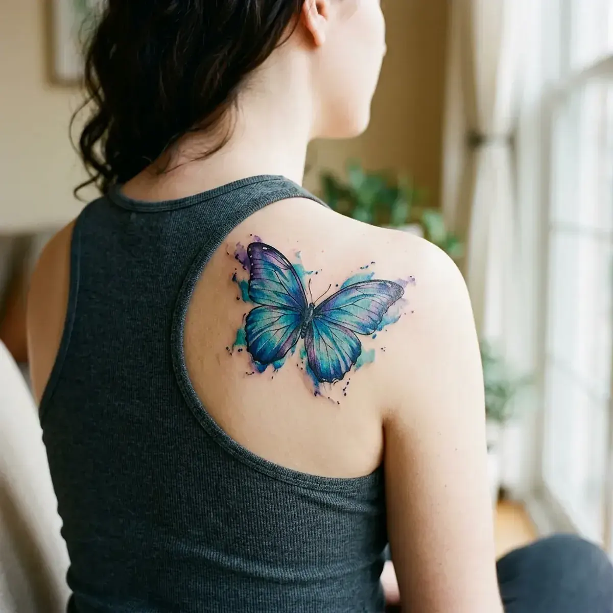 Watercolor butterfly tattoo with vivid blue and purple ink on shoulder