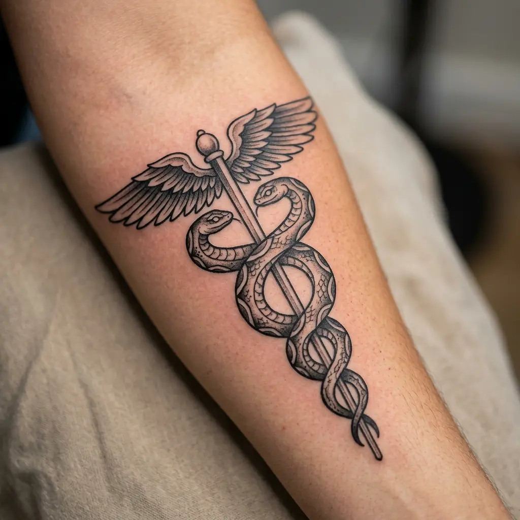 Caduceus tattoo with intertwined snakes and spread wings on forearm