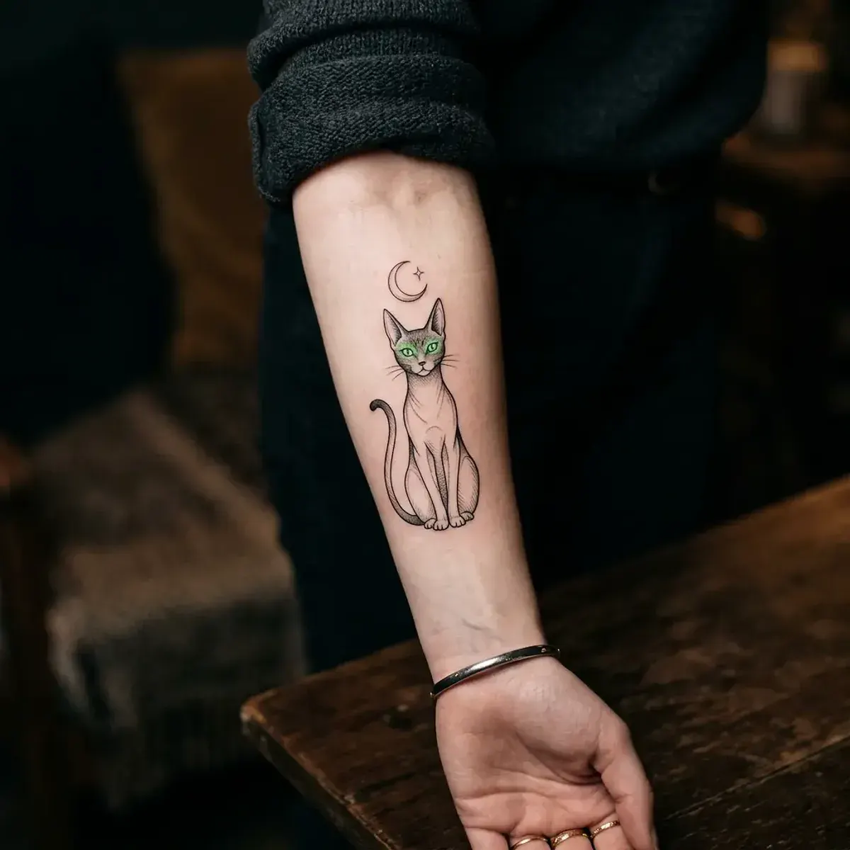 Fine-line black cat tattoo with green eyes and crescent moon