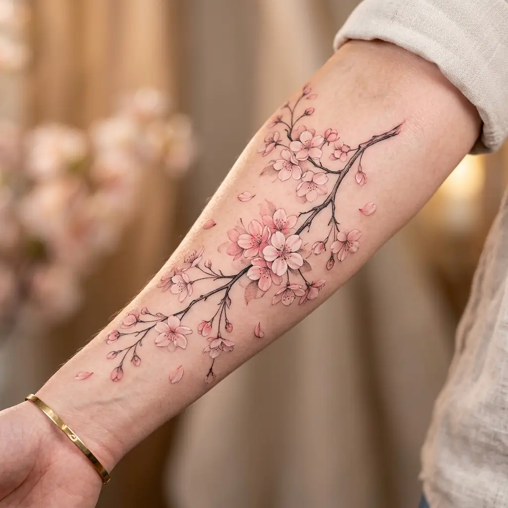 Japanese style cherry blossom branch tattoo on the arm