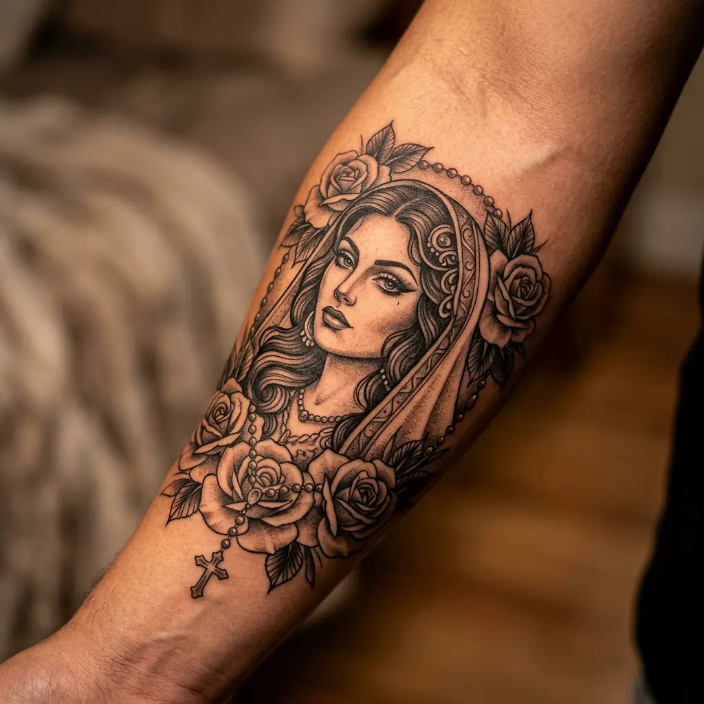 Chicano black and grey tattoo with female portrait and roses on forearm