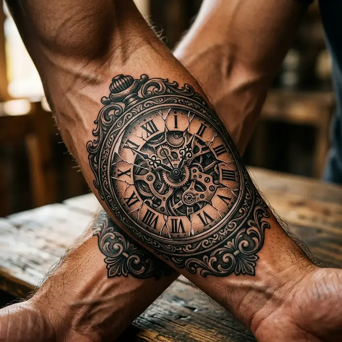 Black and grey pocket watch tattoo with exposed gears