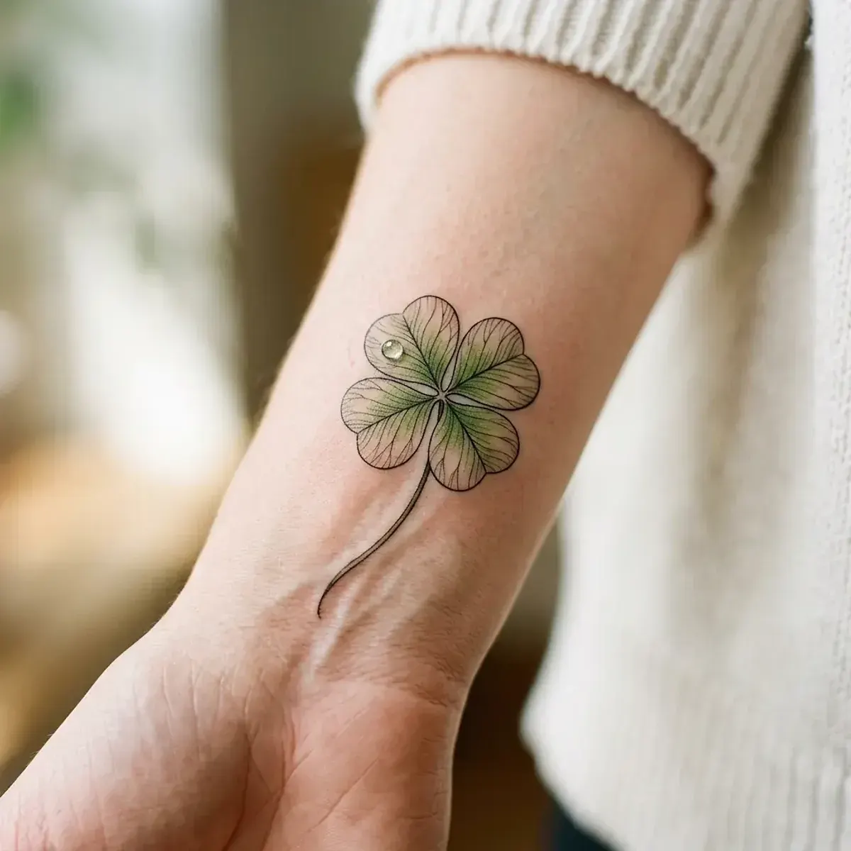 Botanical four-leaf clover tattoo with dewdrop on wrist