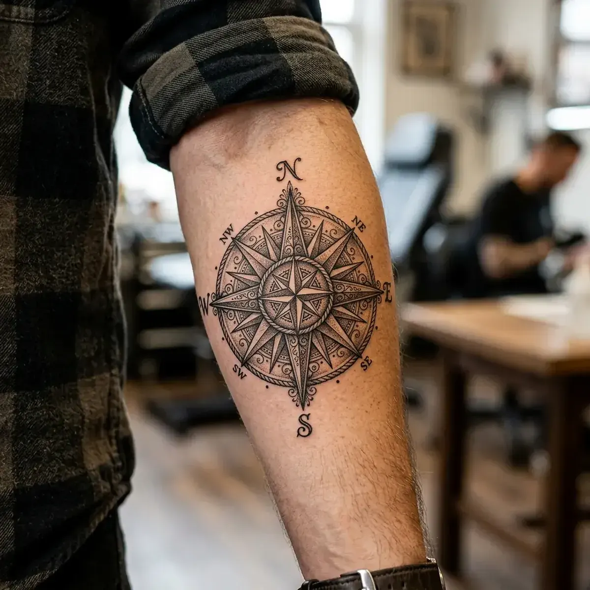 Nautical compass rose tattoo with ornate filigree on forearm