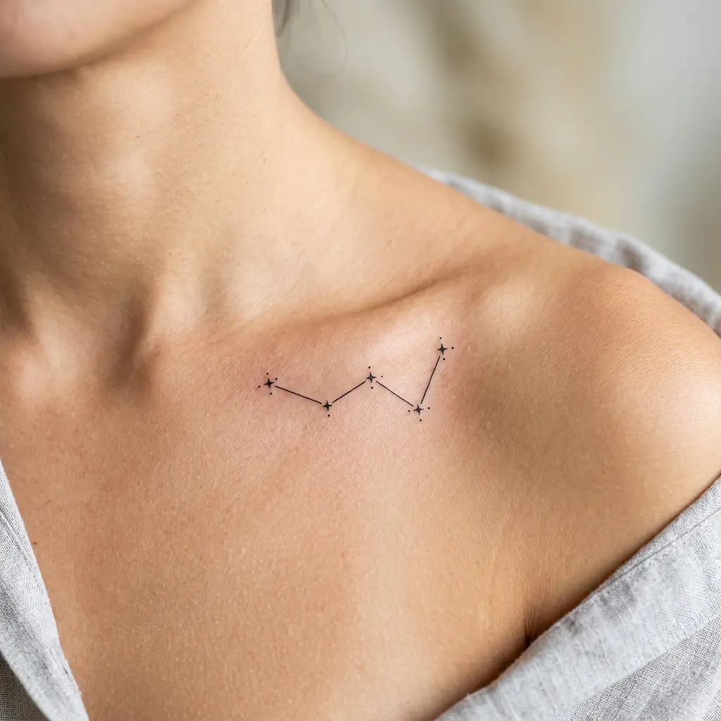 Tatouage constellation fine-line avec étoiles reliées sur la clavicule