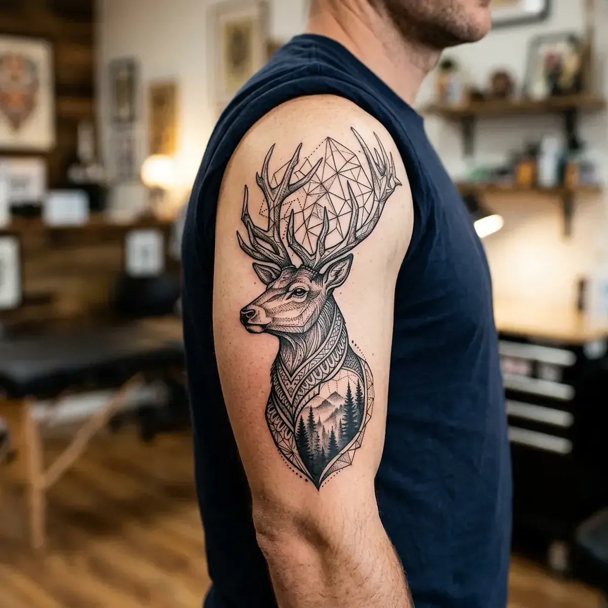 Geometric stag tattoo with antlers dissolving into polygons