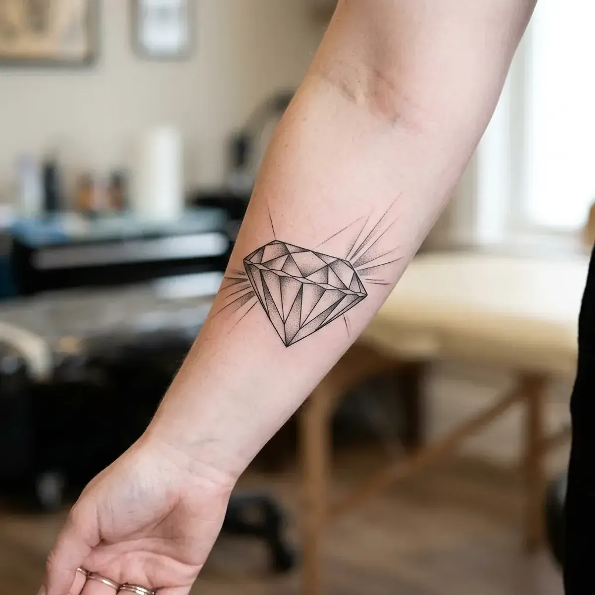 Geometric faceted diamond tattoo with prismatic light on forearm