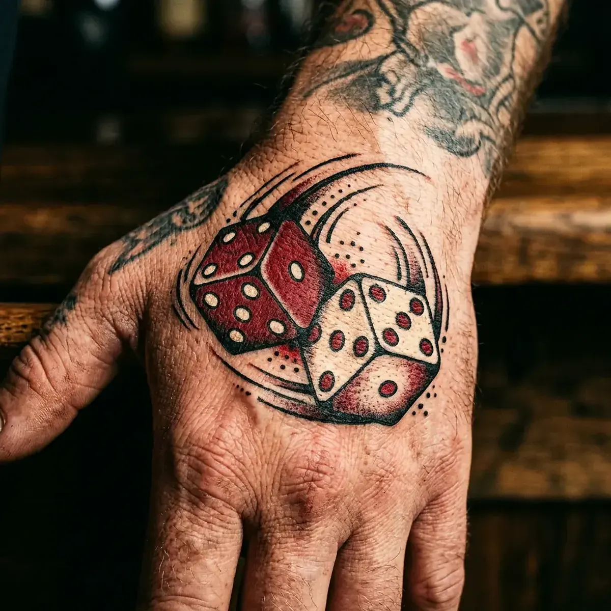 American Traditional dice tattoo mid-roll on hand