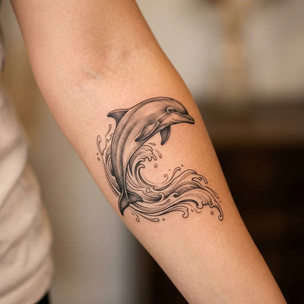 Dolphin tattoo leaping above ocean waves on the shoulder