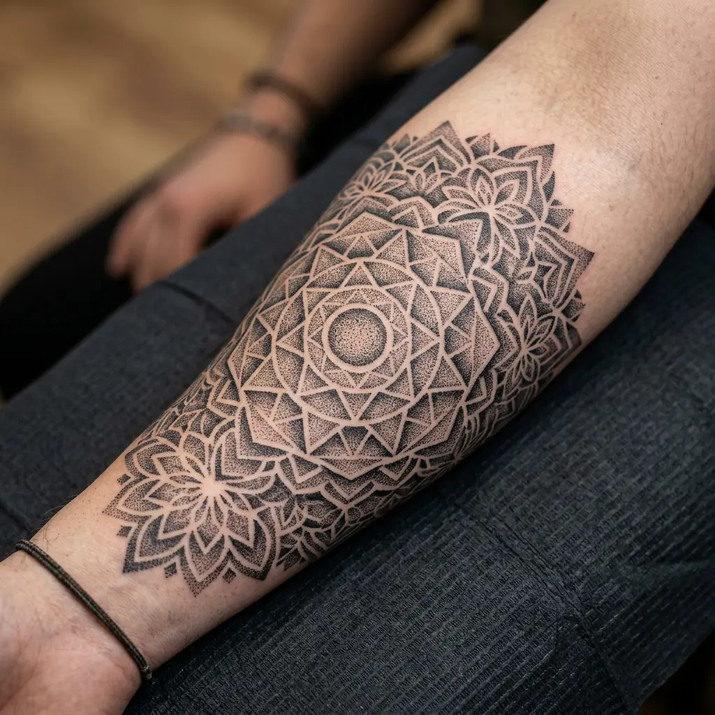 Geometric dotwork tattoo with mandala and point gradients on forearm