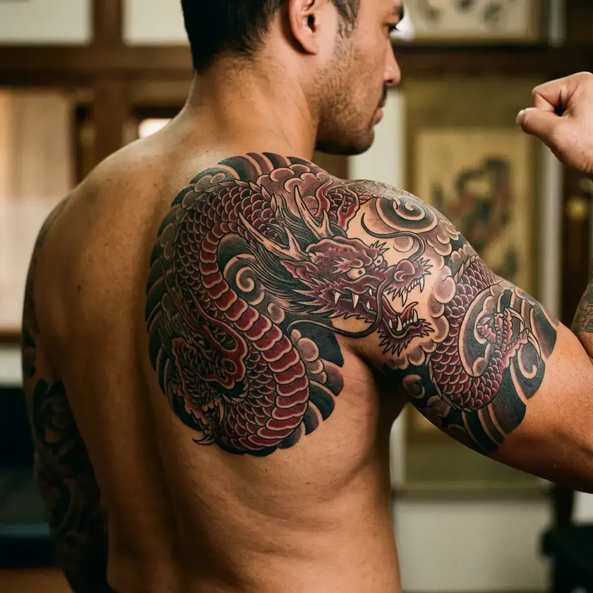 Japanese irezumi dragon tattoo flowing across upper back
