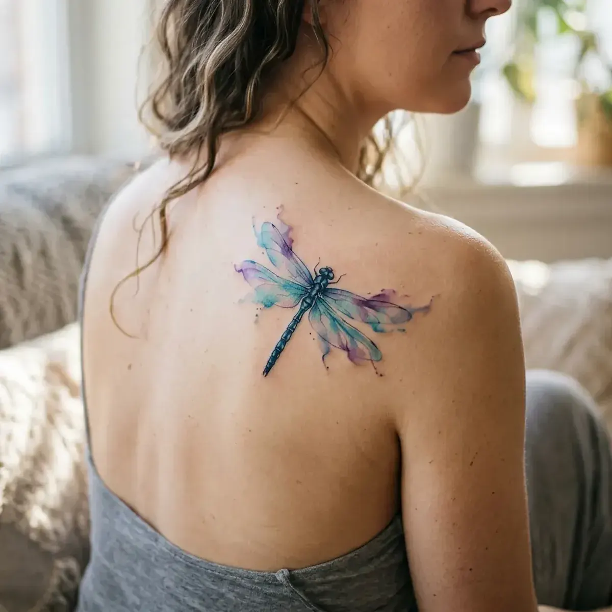 Watercolor dragonfly tattoo with iridescent wings on shoulder