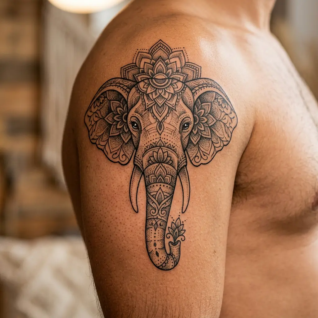 Ornamental elephant tattoo with mandala patterns on the forearm