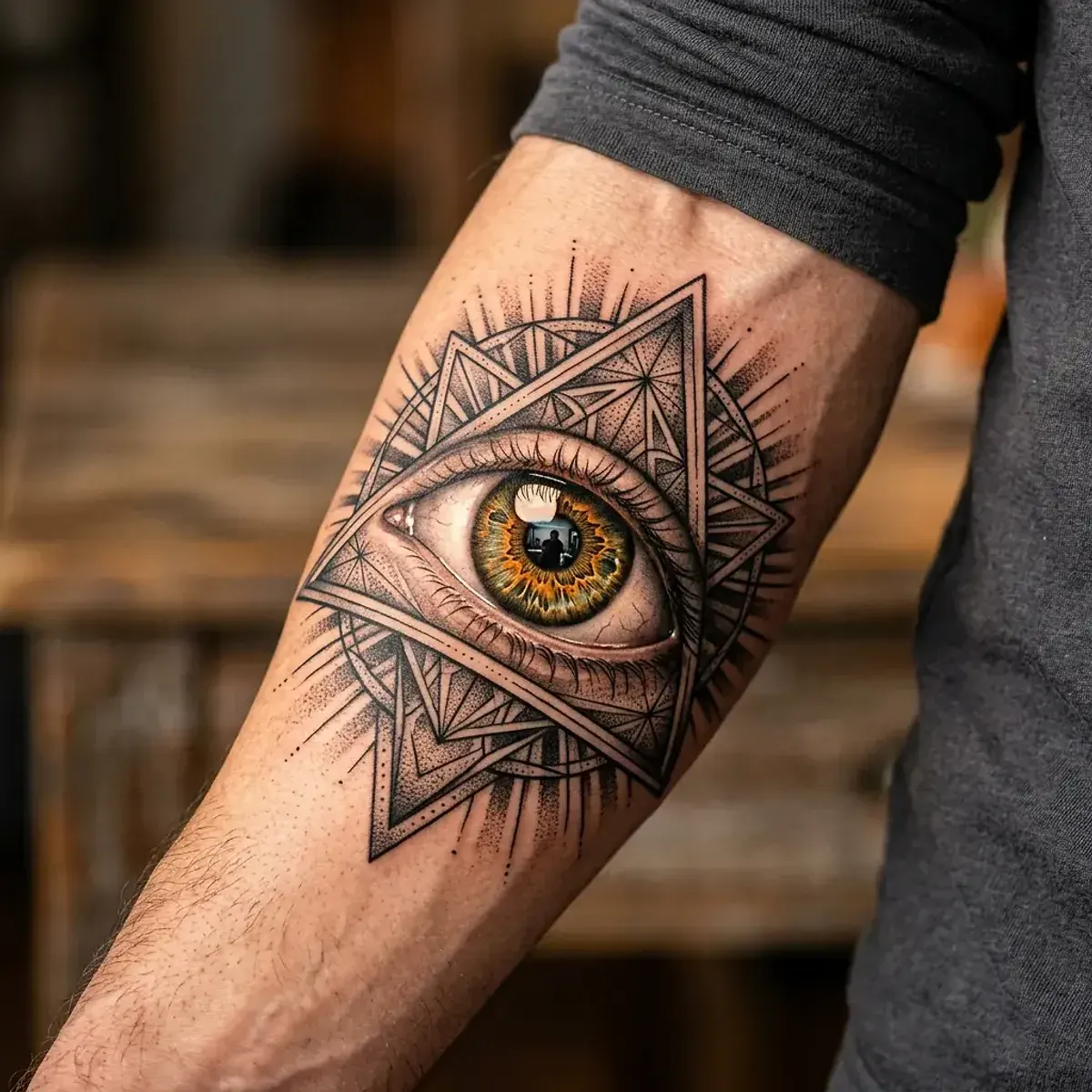 Detailed eye tattoo with geometric triangle frame on forearm