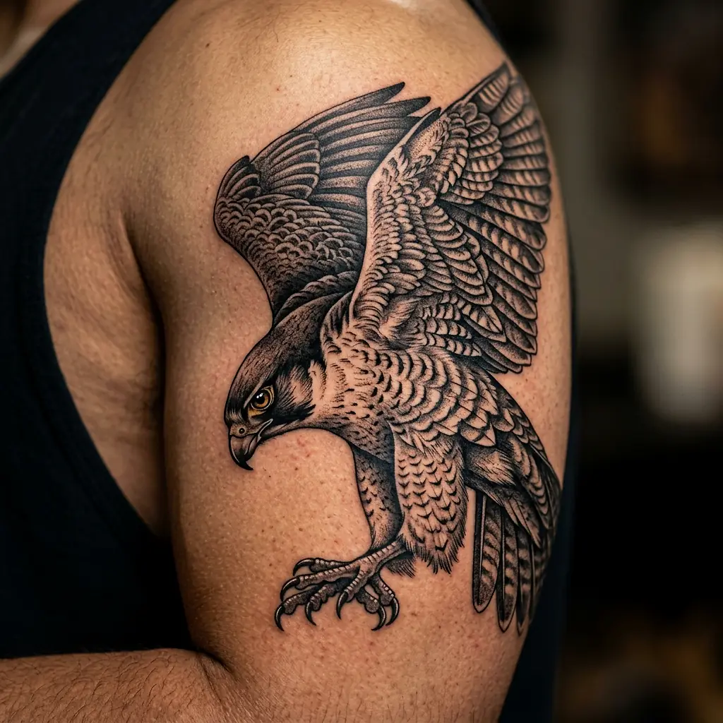 Realistic peregrine falcon tattoo in flight on the shoulder