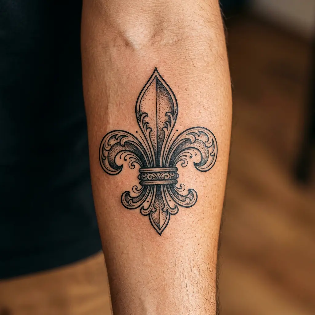 Heraldic fleur-de-lis tattoo in blackwork on the arm