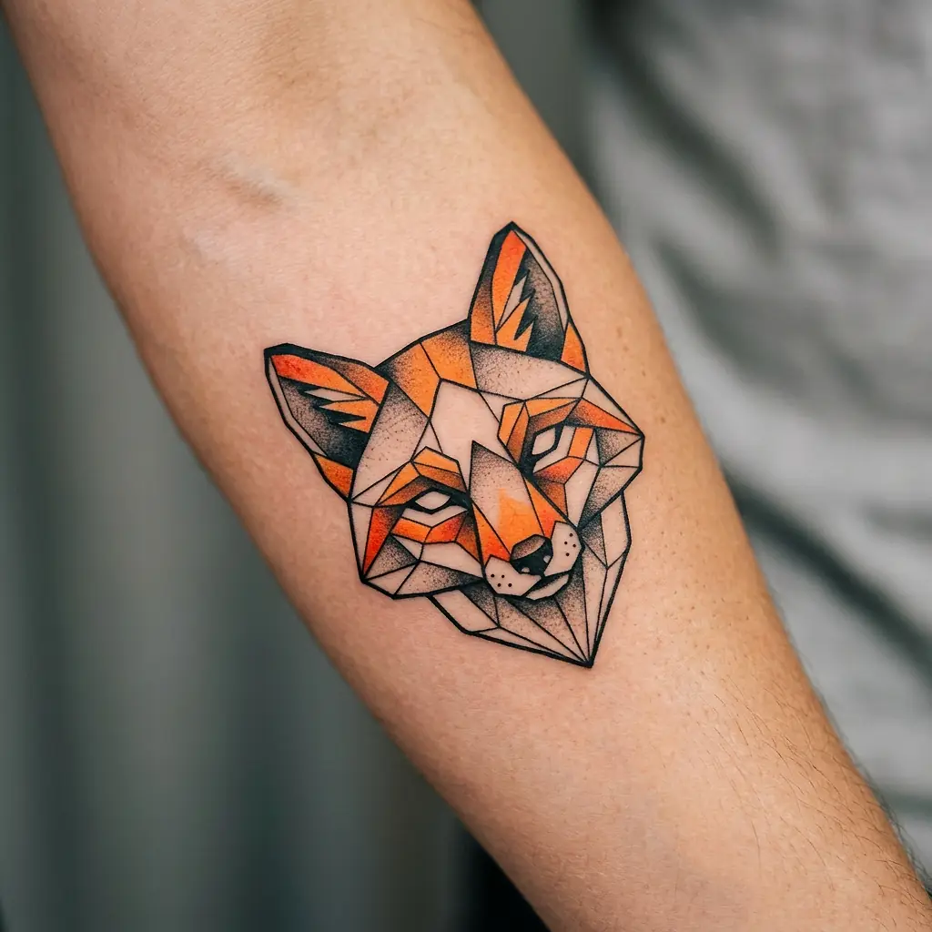 Geometric fox tattoo with warm orange tones on the forearm