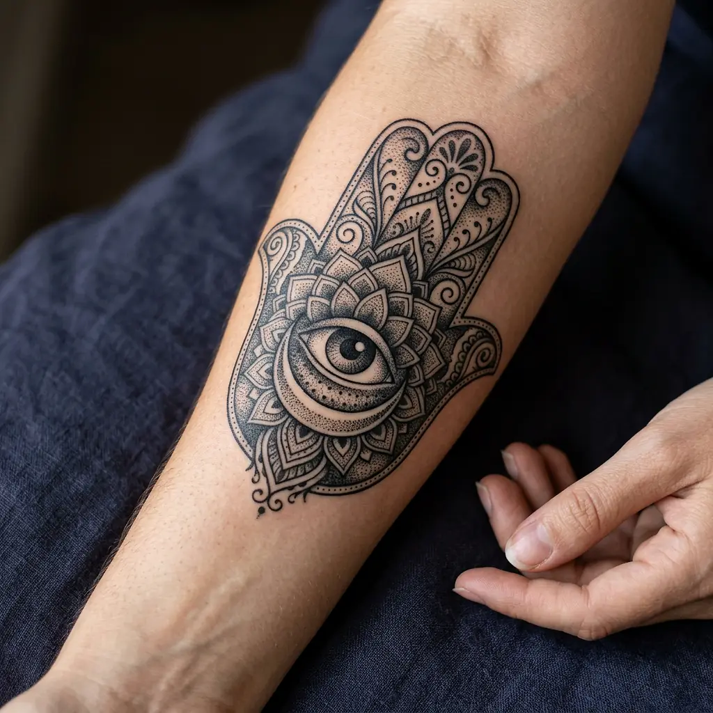 Ornamental dotwork hamsa tattoo with intricate patterns on the forearm