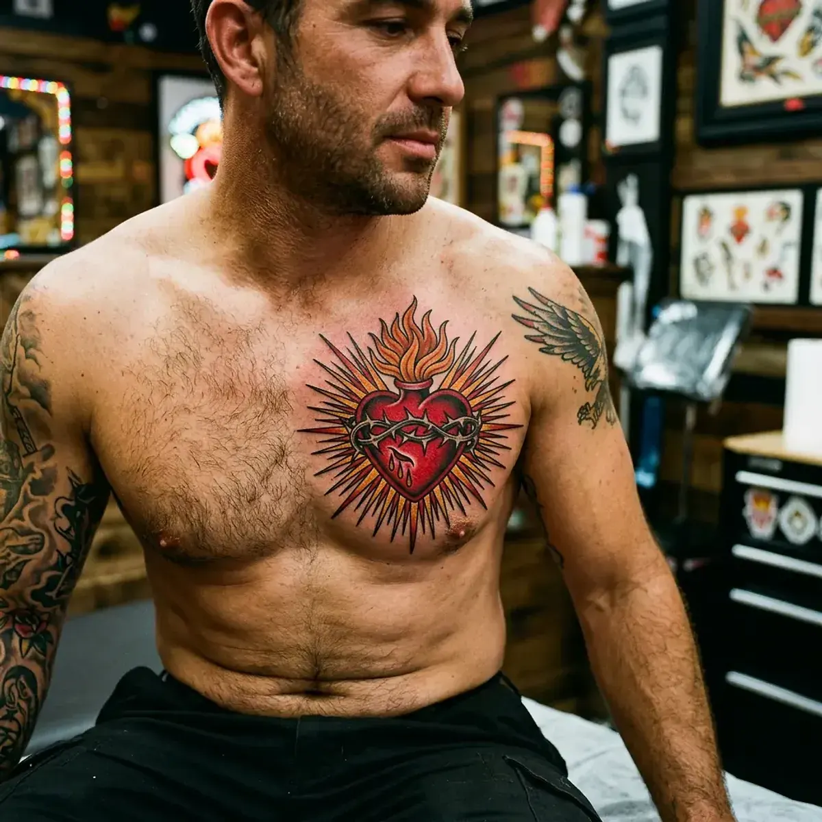 American Traditional Sacred Heart tattoo with flames on chest