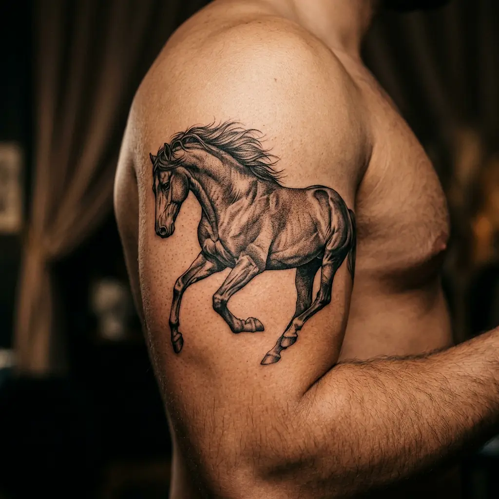 Galloping horse tattoo in black and grey on the thigh