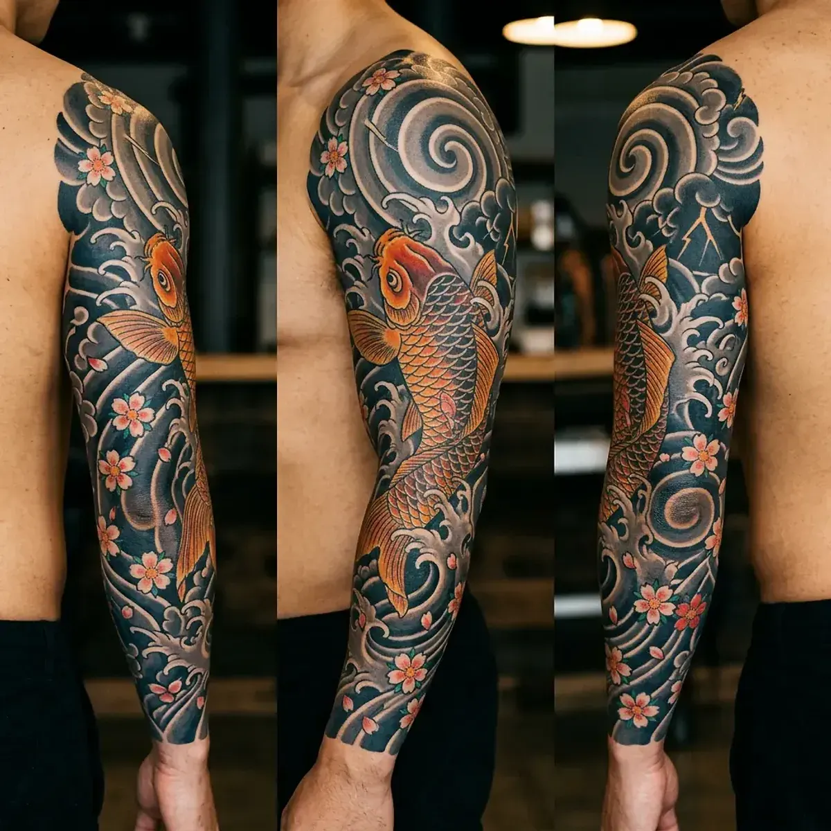 Traditional Japanese irezumi full sleeve tattoo with koi and waves