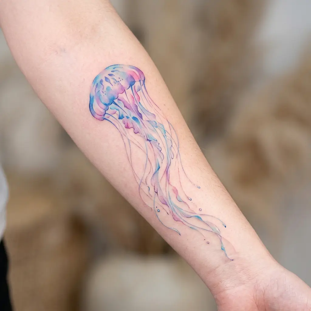 Translucent watercolor jellyfish tattoo in blue and purple tones