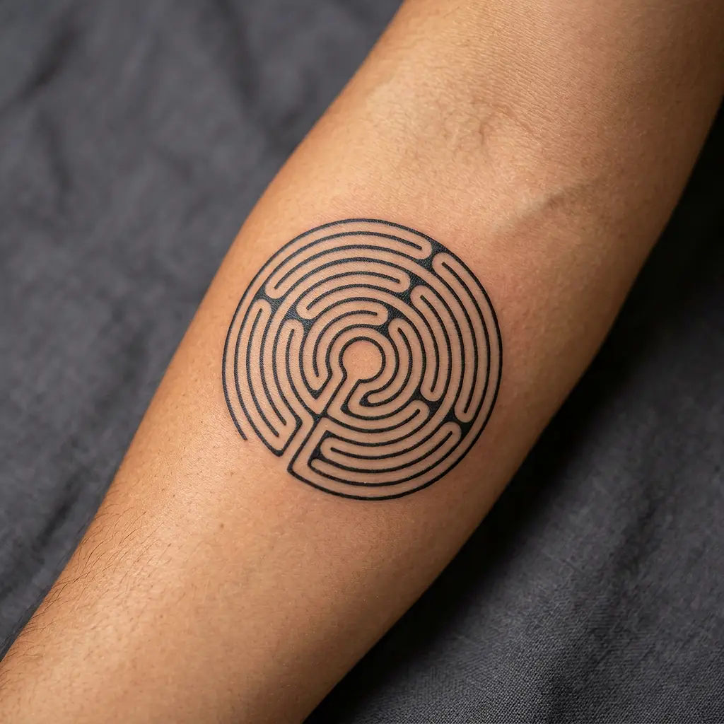 Geometric circular labyrinth tattoo on forearm