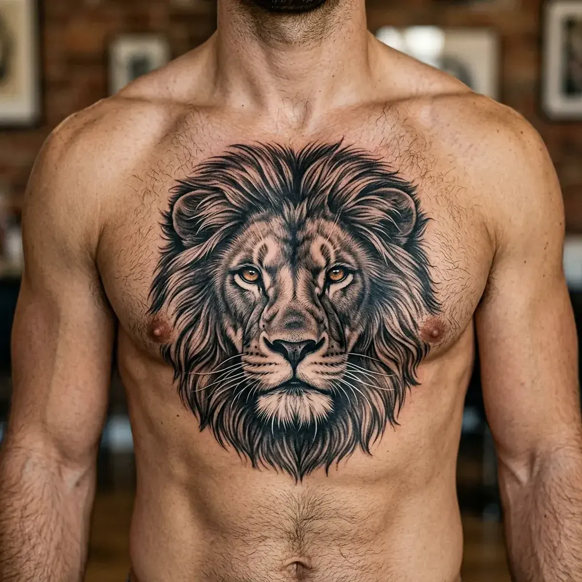 Black and grey lion portrait tattoo with flowing mane on chest