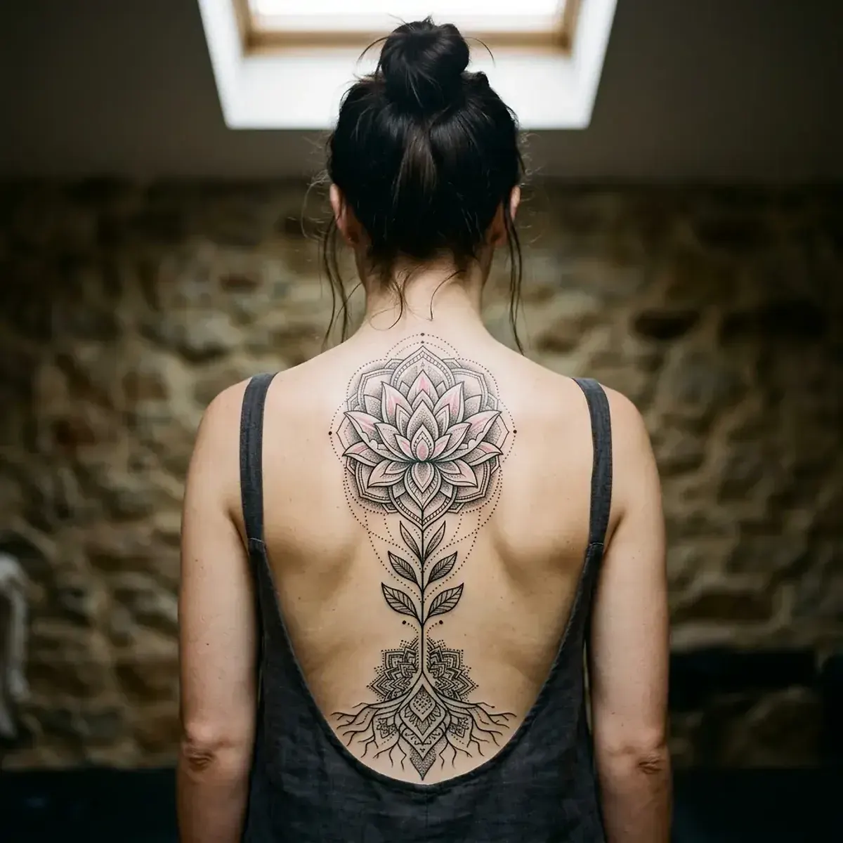 Geometric lotus tattoo rising along the spine with mandala circles