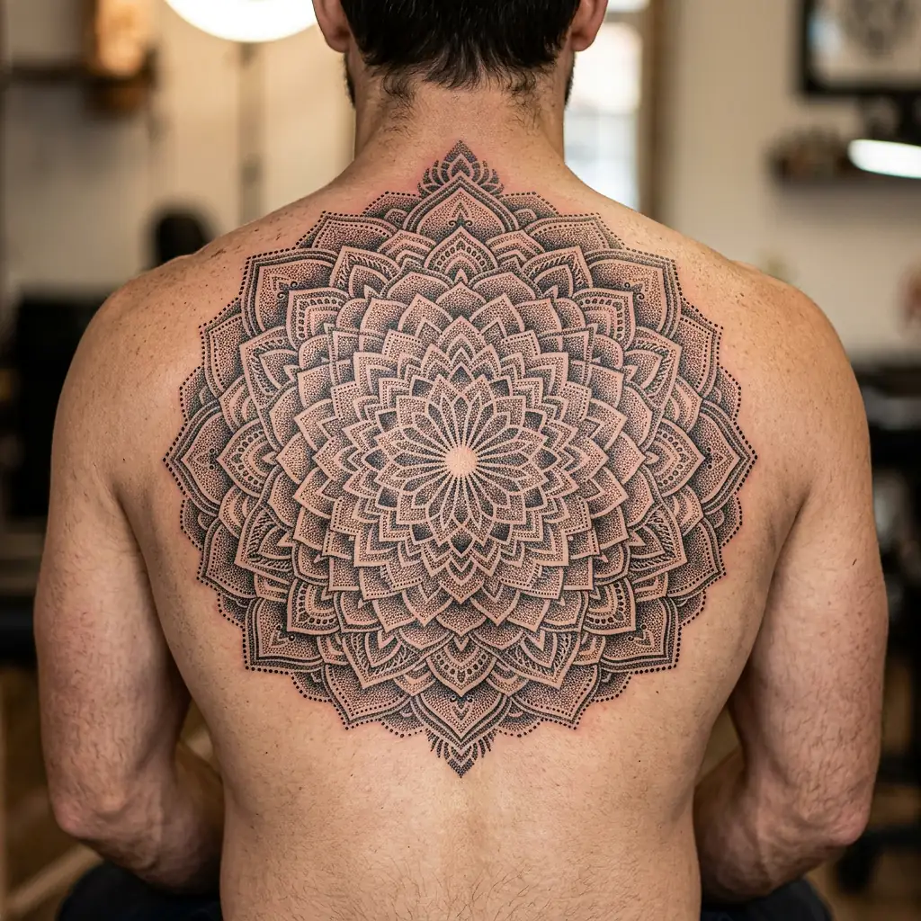 Dotwork mandala tattoo with concentric geometric patterns on back
