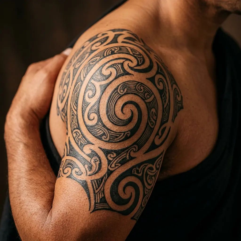 Traditional Maori tattoo with koru spirals and tribal motifs on shoulder
