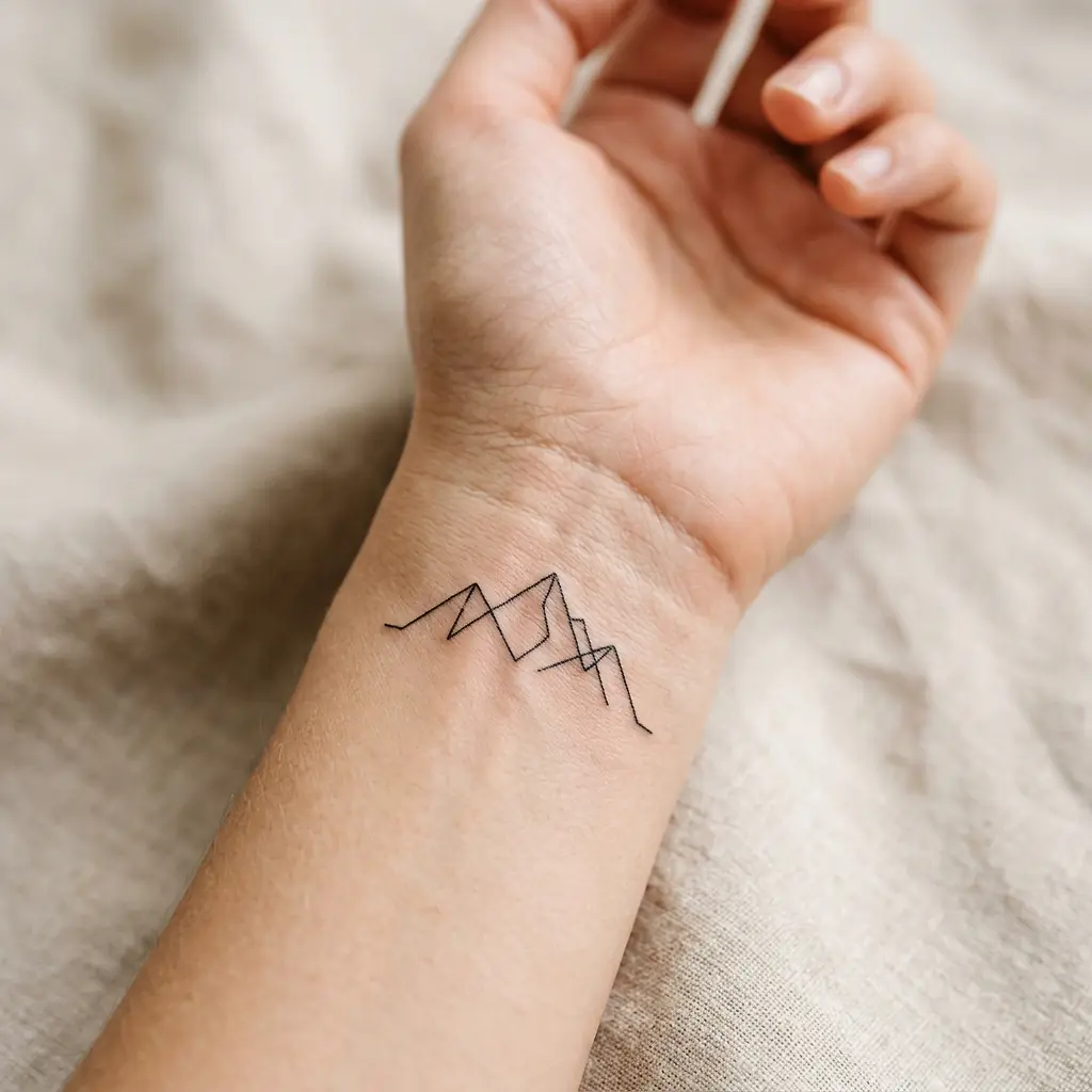 Minimalist fine line tattoo with delicate geometric motif on wrist
