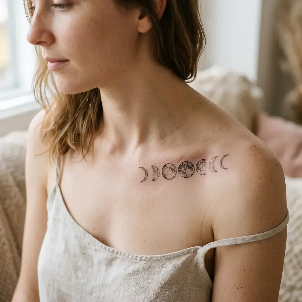 Fine-line moon phase sequence tattoo along collarbone