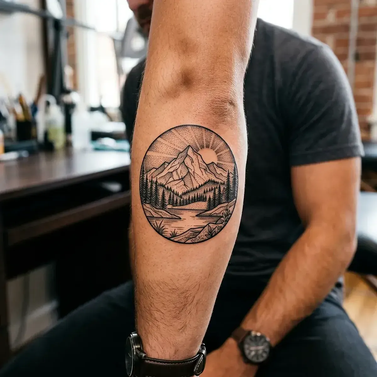 Geometric mountain landscape tattoo in circular frame on forearm