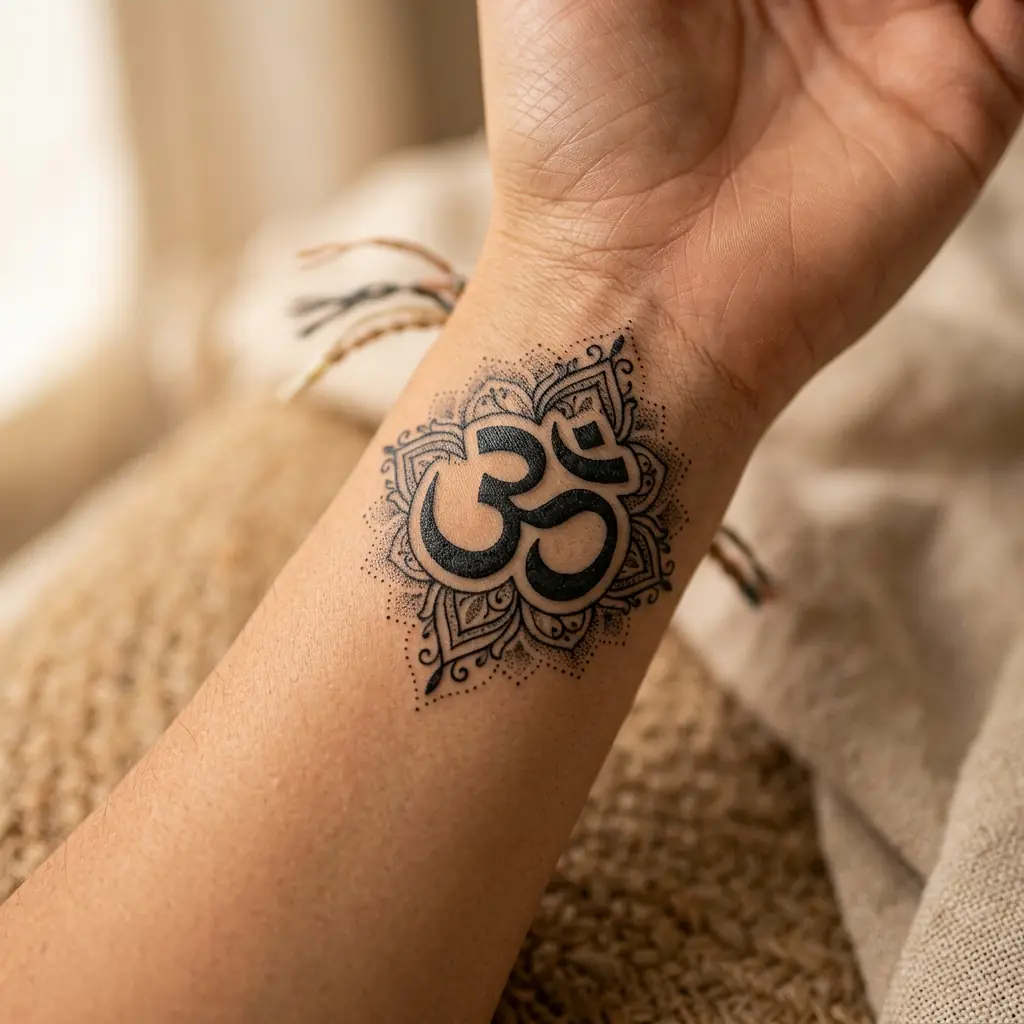 Sanskrit Om symbol tattoo with lotus on the forearm
