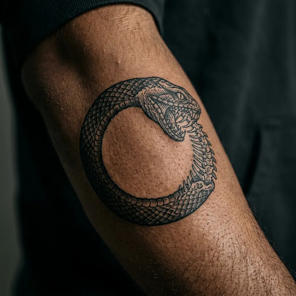 Ouroboros serpent eating its own tail tattoo in blackwork