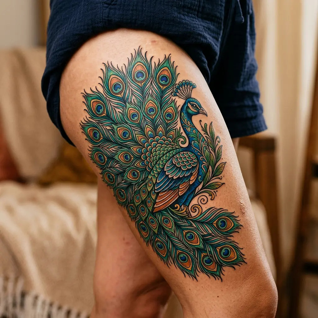 Colorful watercolor peacock tattoo with iridescent tail feathers on the thigh