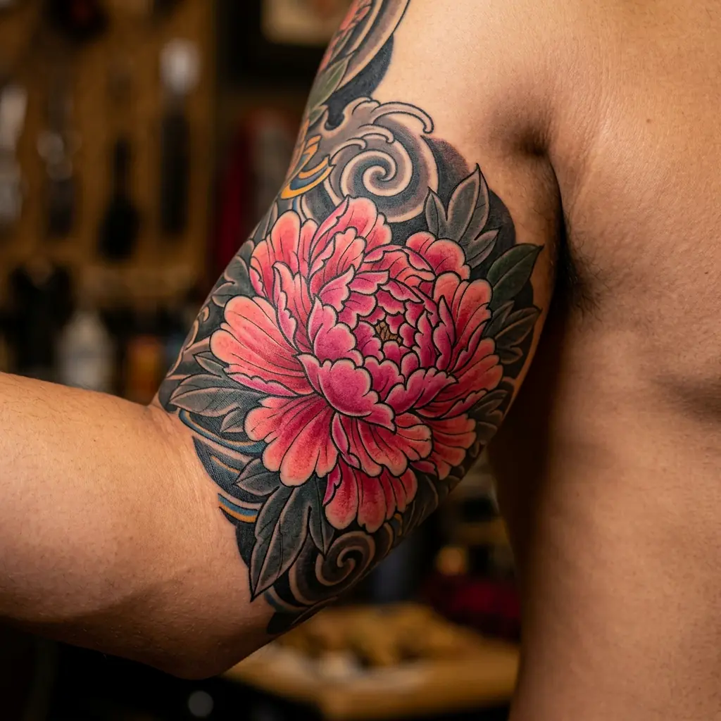 Japanese style peony tattoo in rich colors on the upper arm