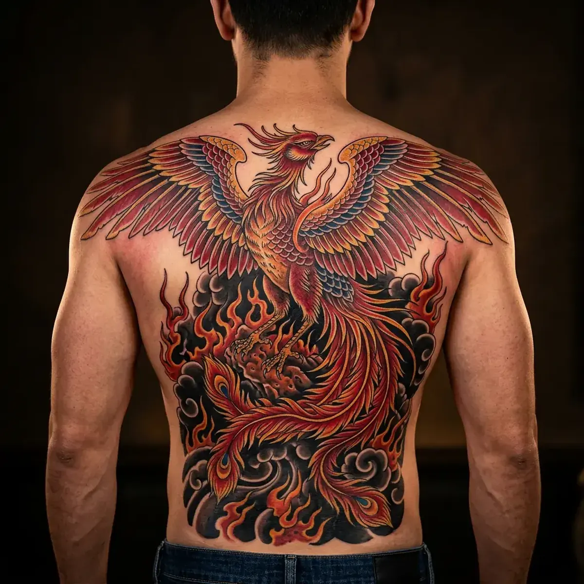 Japanese phoenix tattoo rising from flames across upper back