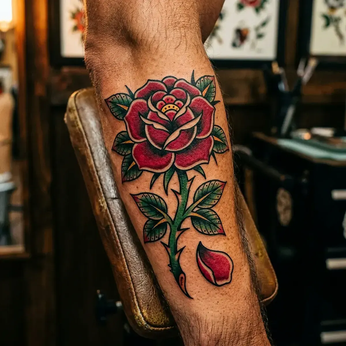 American Traditional red rose tattoo with thorns on forearm