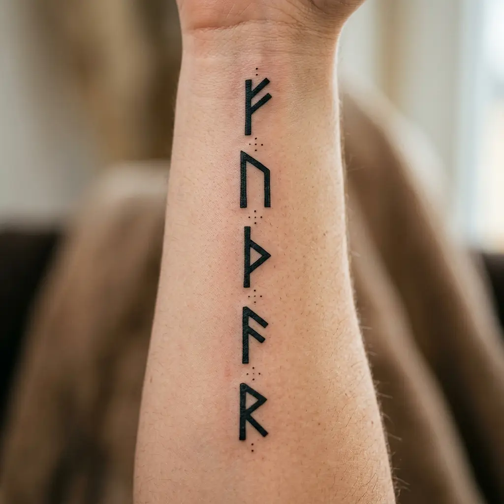 Norse rune tattoo aligned in blackwork on forearm