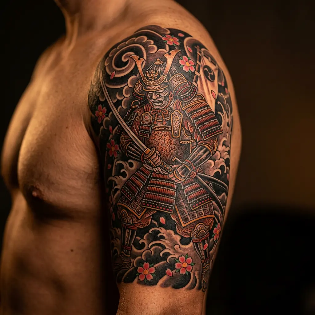 Samurai tattoo in traditional armor with katana on arm