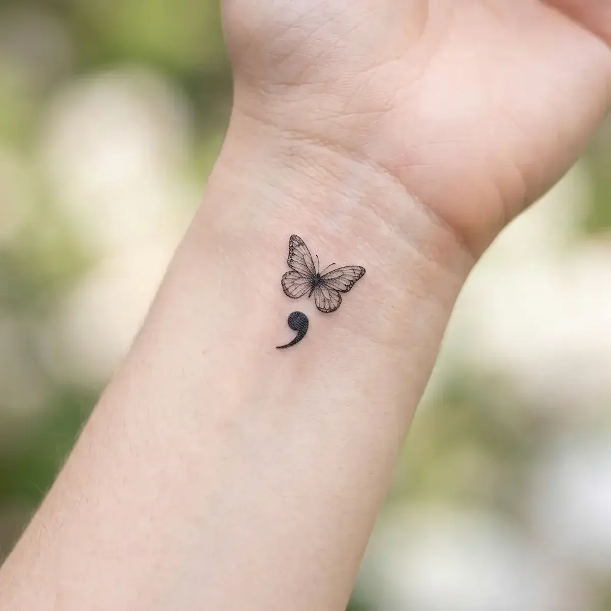 Minimalist semicolon butterfly tattoo on inner wrist