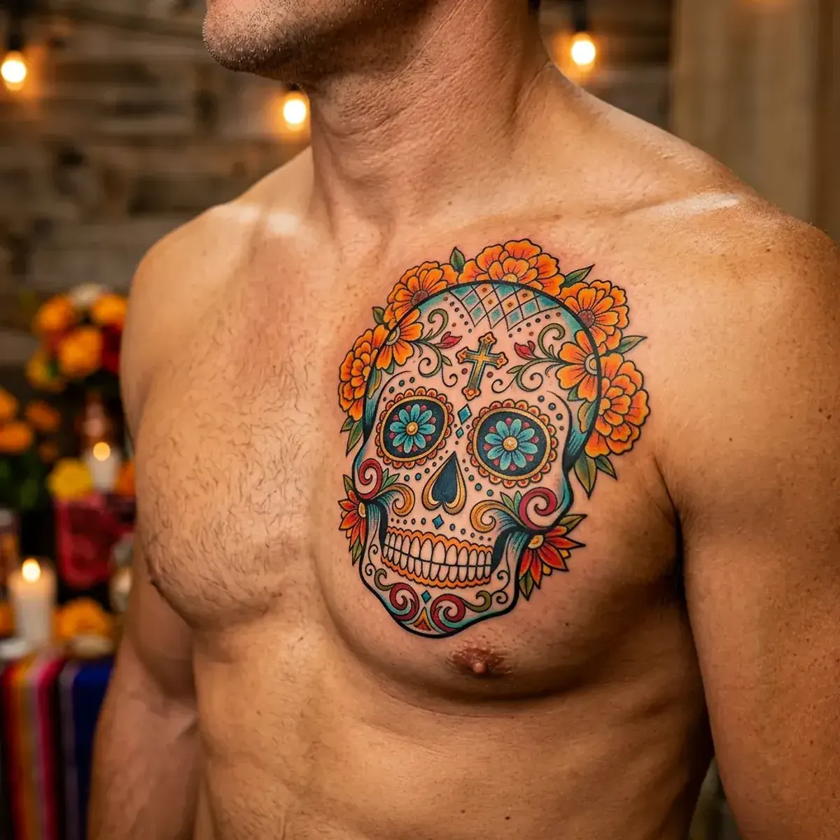 Colorful Mexican sugar skull tattoo with marigold flowers on chest