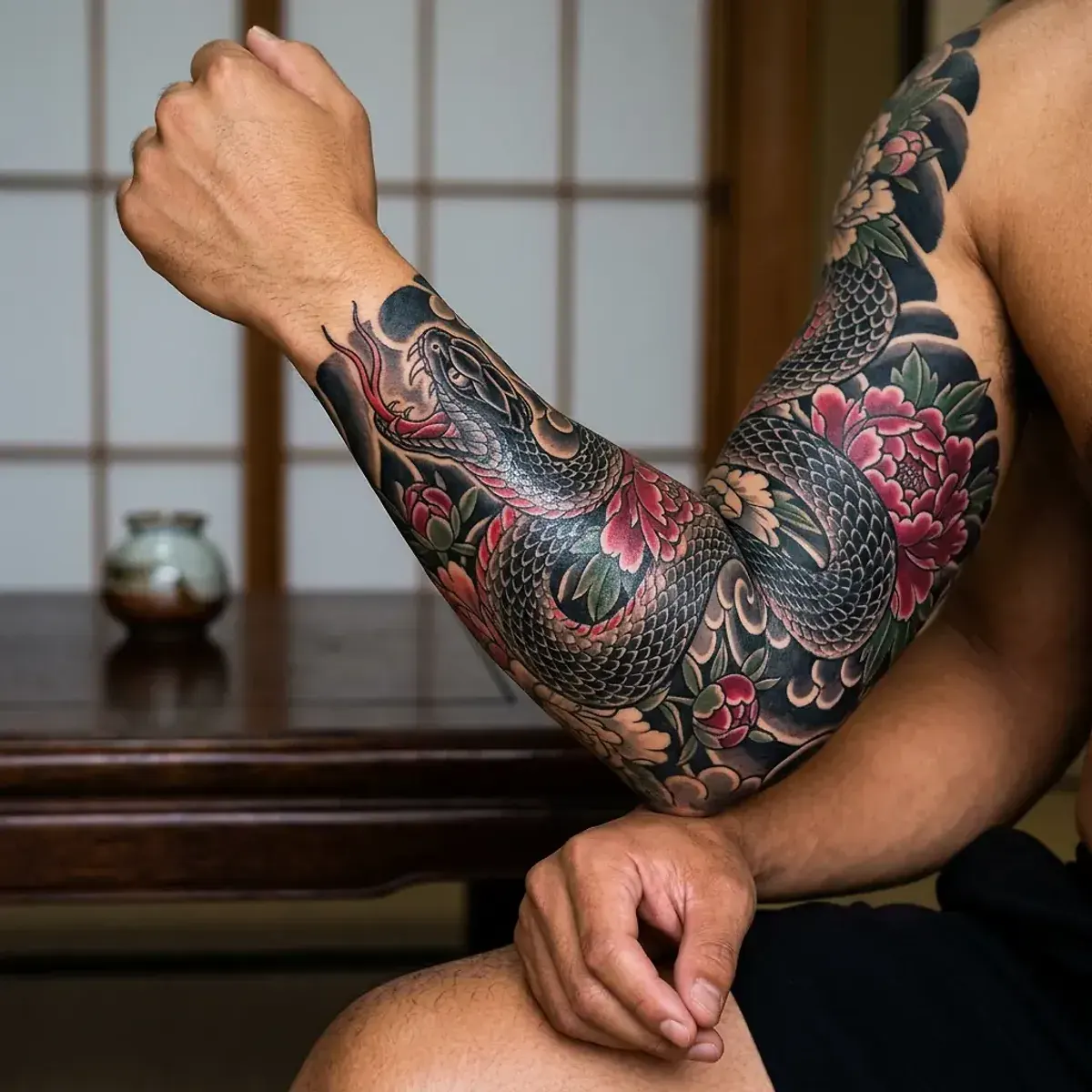 Japanese irezumi snake tattoo coiling through peony flowers