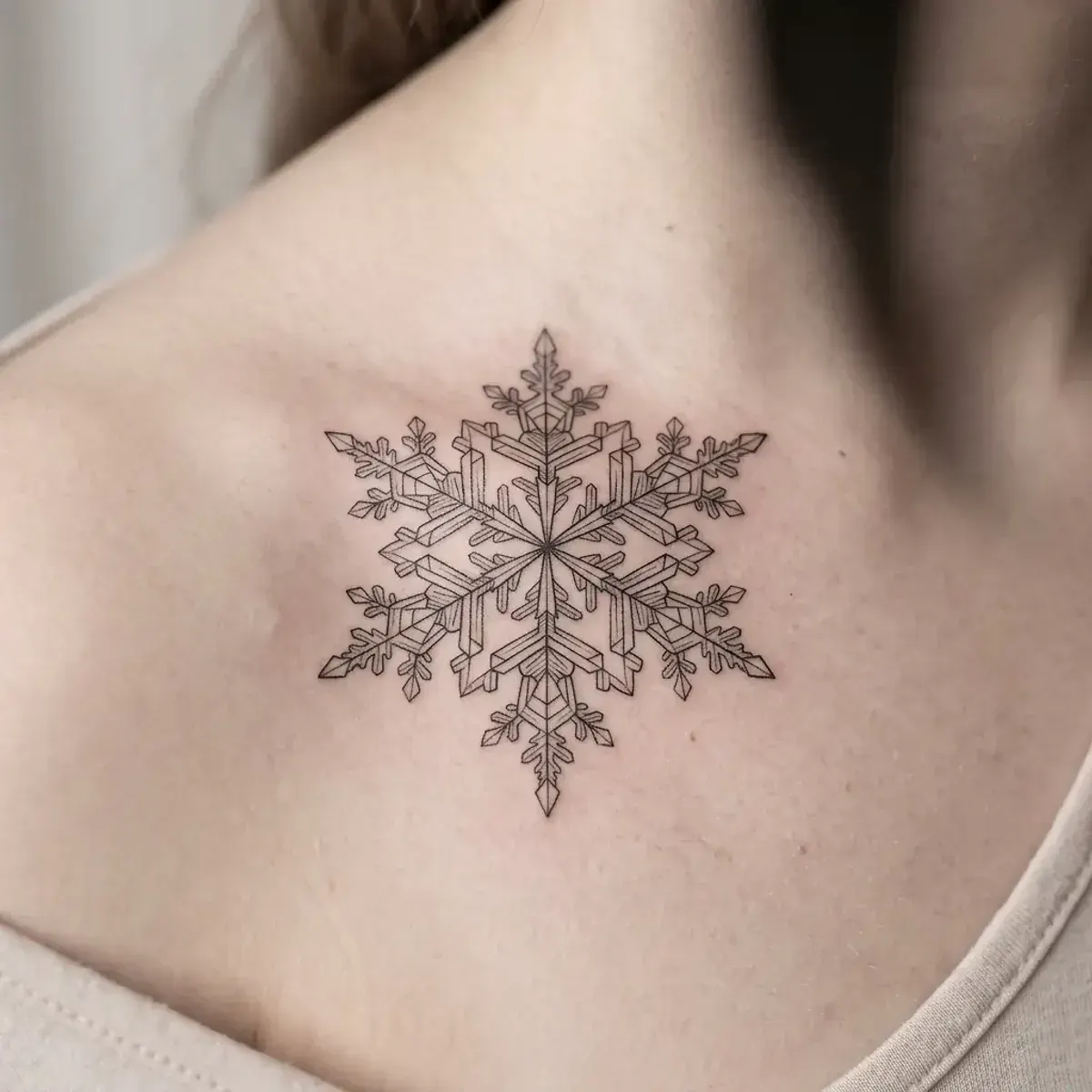 Geometric crystalline snowflake tattoo on collarbone